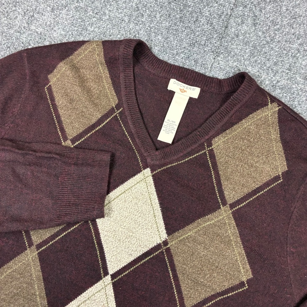 Y2K 90s Dockers Mens XL Argyle Sweater Burgundy Marl Knit Pullover Long Sleeve